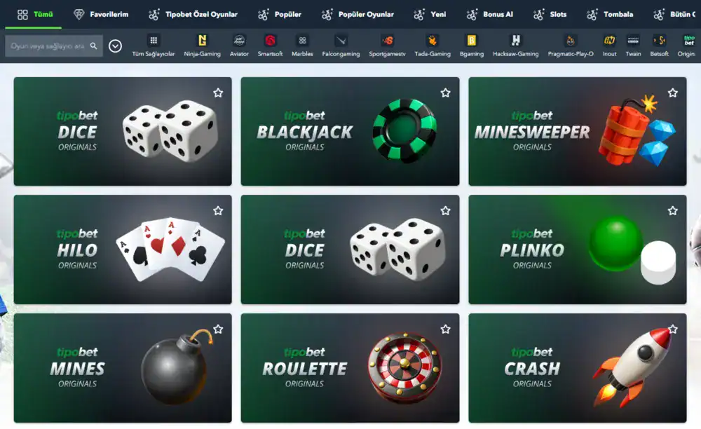 Tipobet casino Originals bölümü - Crash ve Mines oyun ekranı