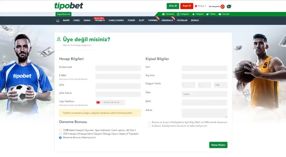 Tipobet kayıt formu ana ekranı: hesap bilgileri ve kişisel bilgiler alanları
