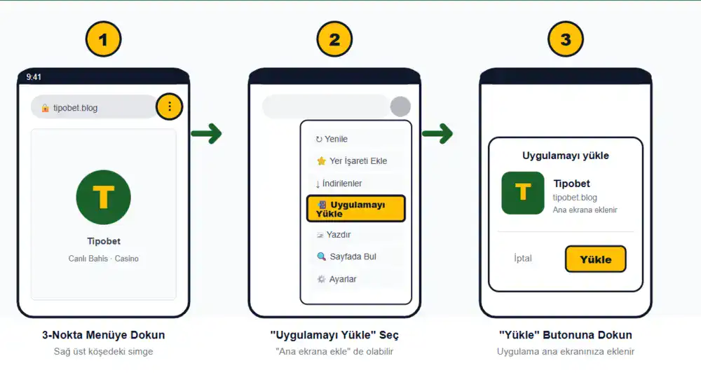 Tipobet PWA Android Chrome kurulum adımları: menü, yükle, ekle