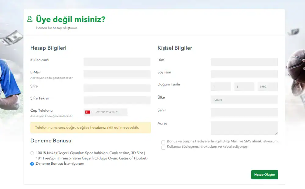 Tipobet kayıt formu deneme bonusu seçim ekranı: 750₺ nakit, 750 freespin veya bonus istemiyorum